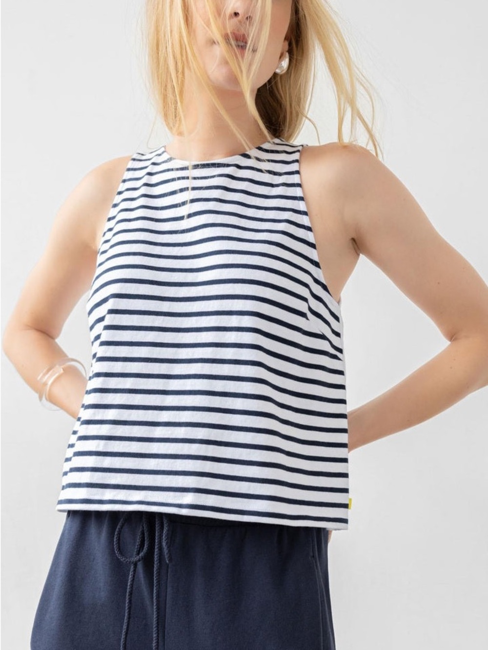Lilla P Mixed Media Stripe High Neck Tank Top Navy White L Like New